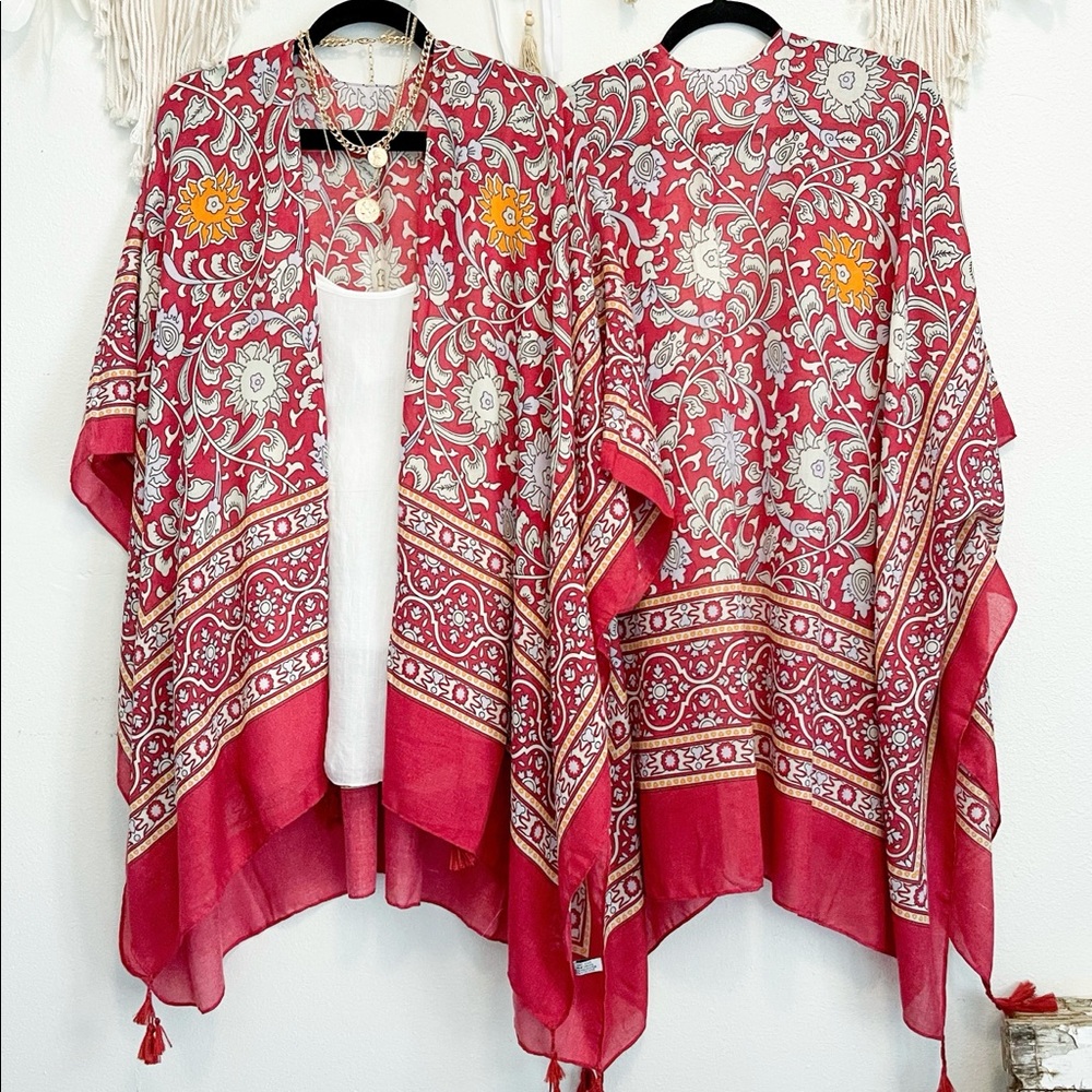 RED Lightweight Moroccan Floral Kimono